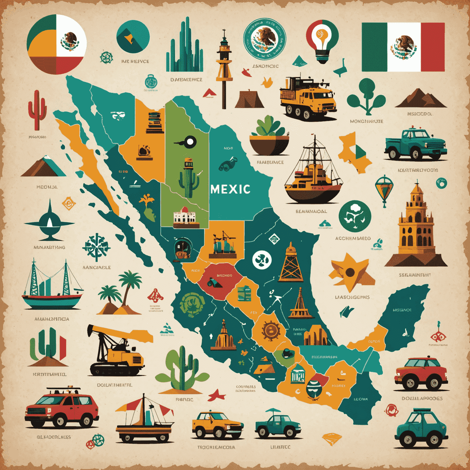 Imagen que muestra un mapa de México con iconos de industrias y símbolos de aprendizaje automático superpuestos