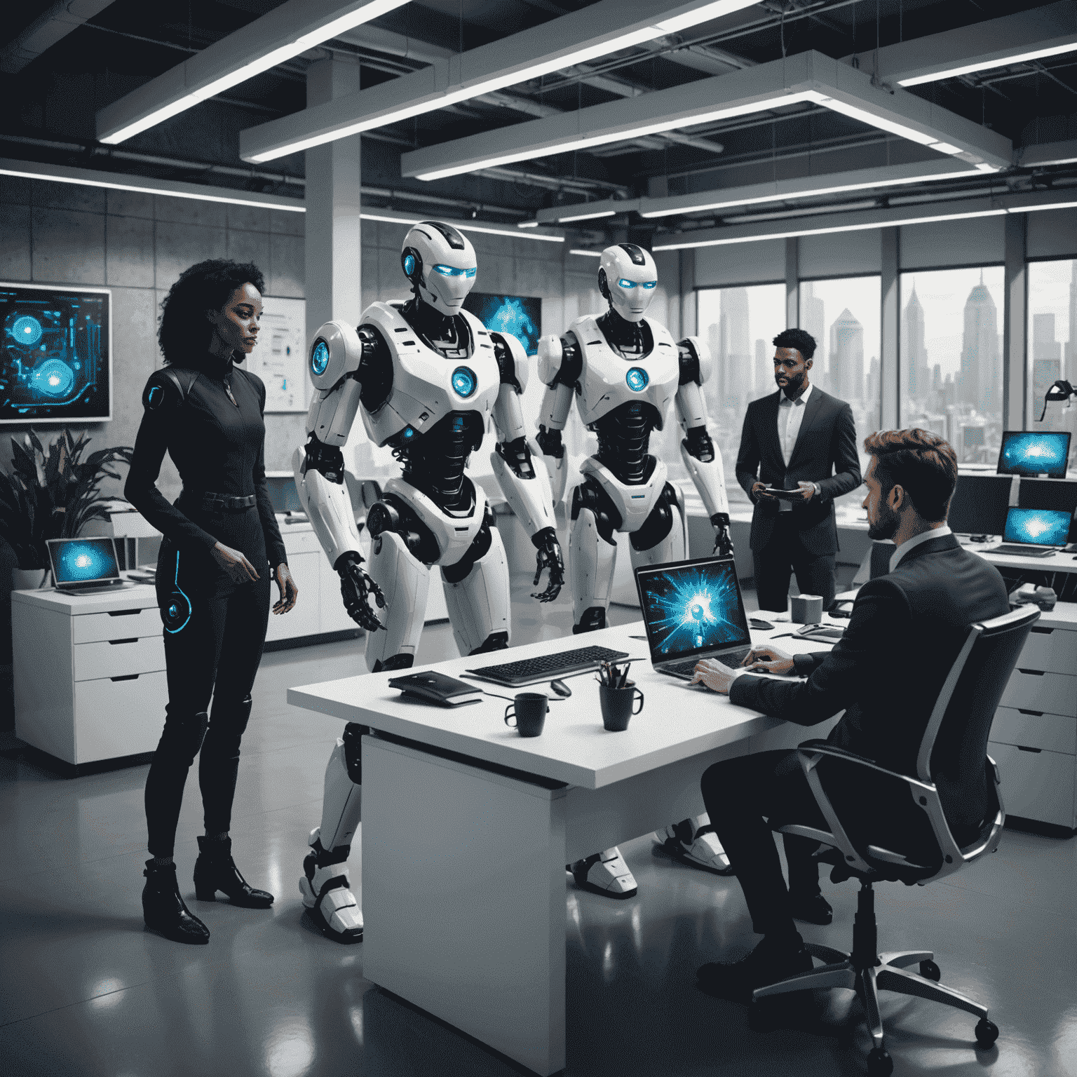 Un grupo diverso de personas trabajando junto a robots en un entorno de oficina futurista